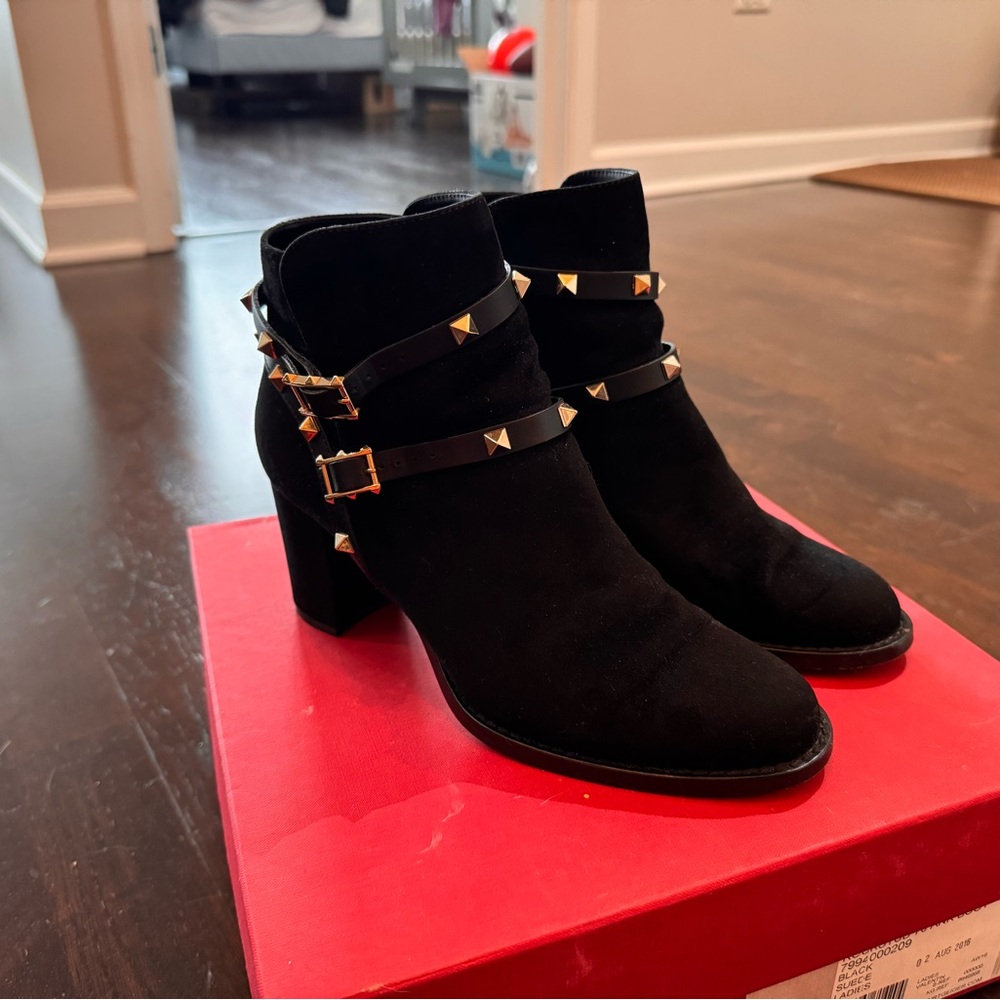 Valentino Garavani Black Ankle Boots with Gold Studs